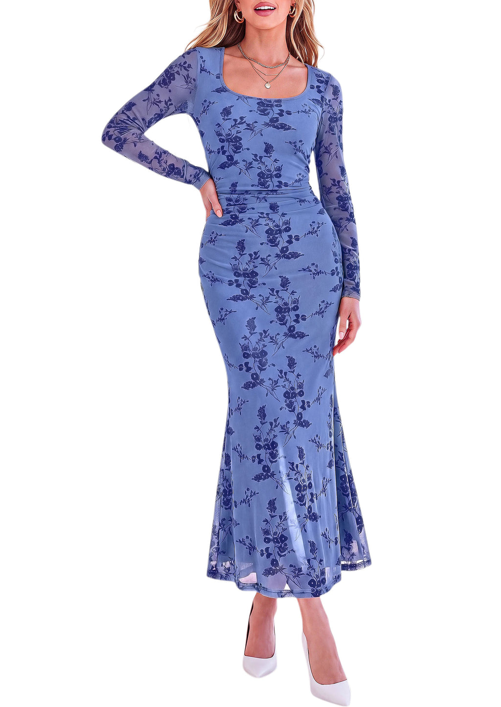 PRETTYGARDEN Women's Long Sleeve Floral Maxi Bodycon Dress Cocktail Dresses for Wedding Guest, Square Neck, Stretchy Mesh, Elegant Classy, Formal Holiday Party