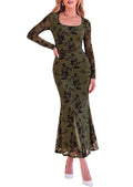 PRETTYGARDEN Women's Long Sleeve Floral Maxi Bodycon Dress Cocktail Dresses for Wedding Guest, Square Neck, Stretchy Mesh, Elegant Classy, Formal Holiday Party