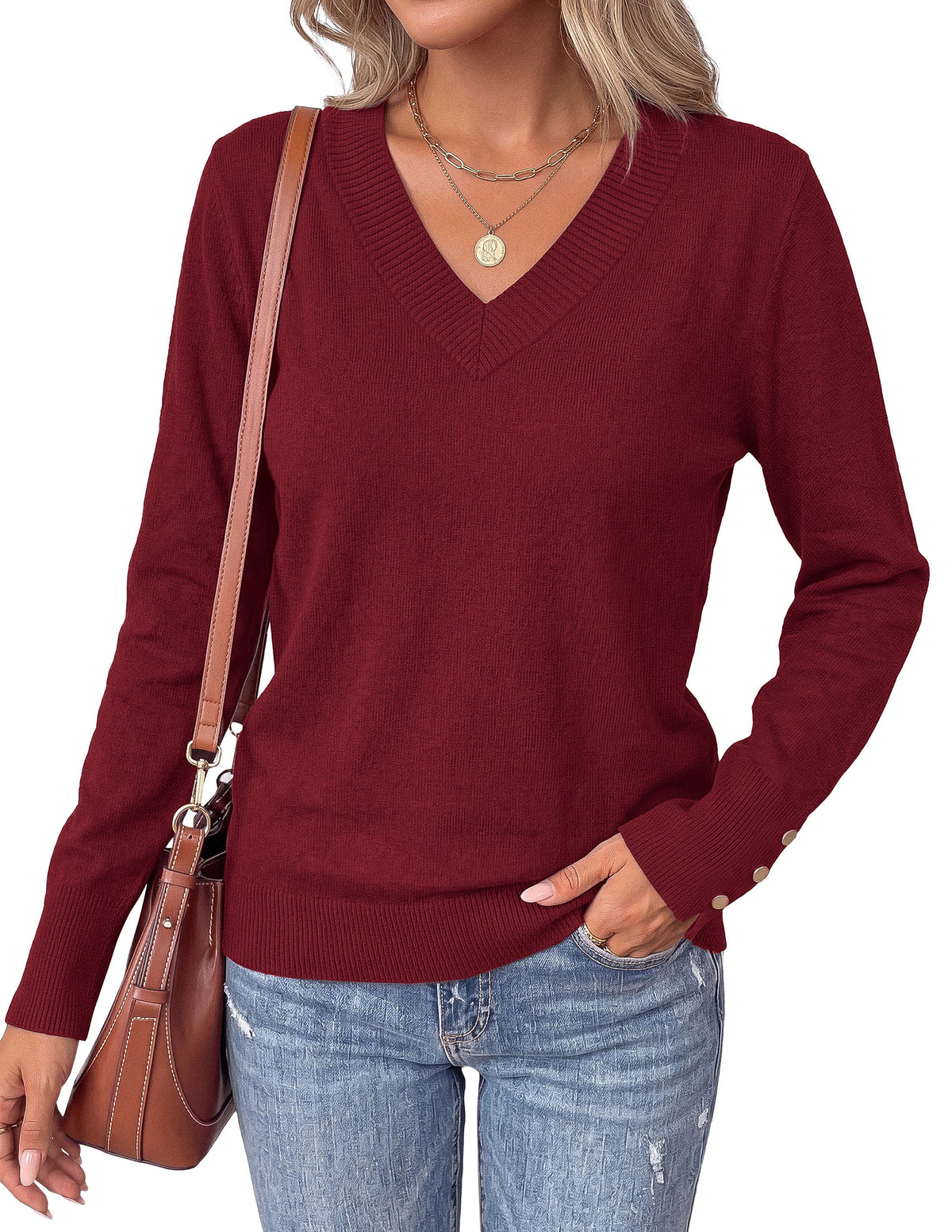 PRETTYGARDEN Fall Sweaters for Women V Neck Lightweight Pullover Soft Knit Sweater Tops,Long Sleeve,Slit Cuffs with Decorative,Layering Winter Clothes