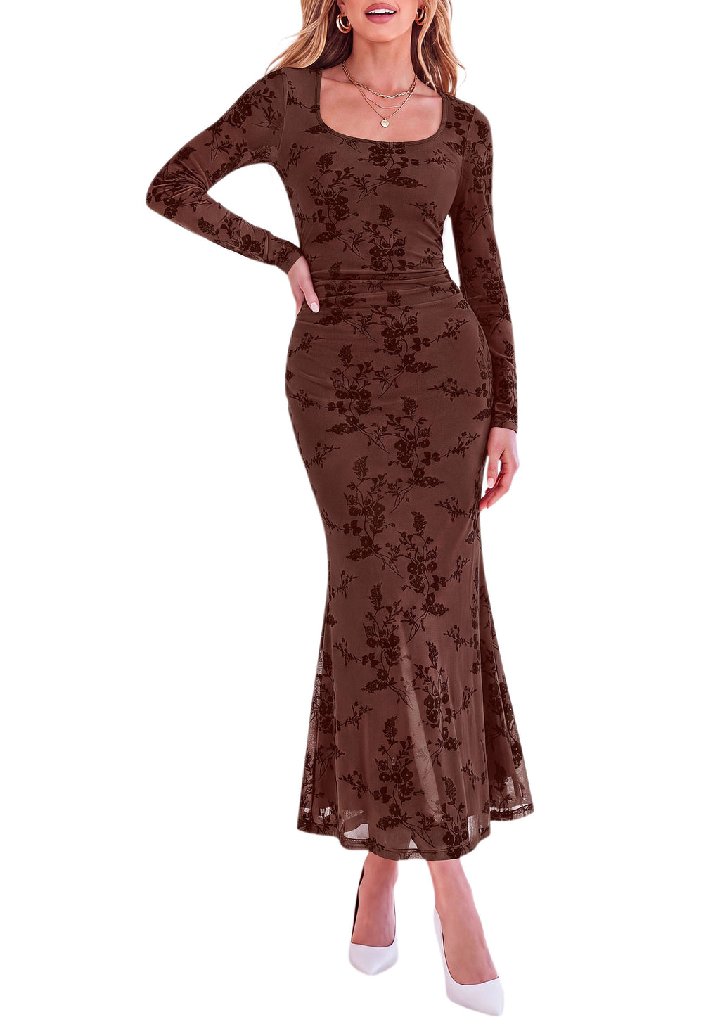 PRETTYGARDEN Women's Long Sleeve Floral Maxi Bodycon Dress Cocktail Dresses for Wedding Guest, Square Neck, Stretchy Mesh, Elegant Classy, Formal Holiday Party