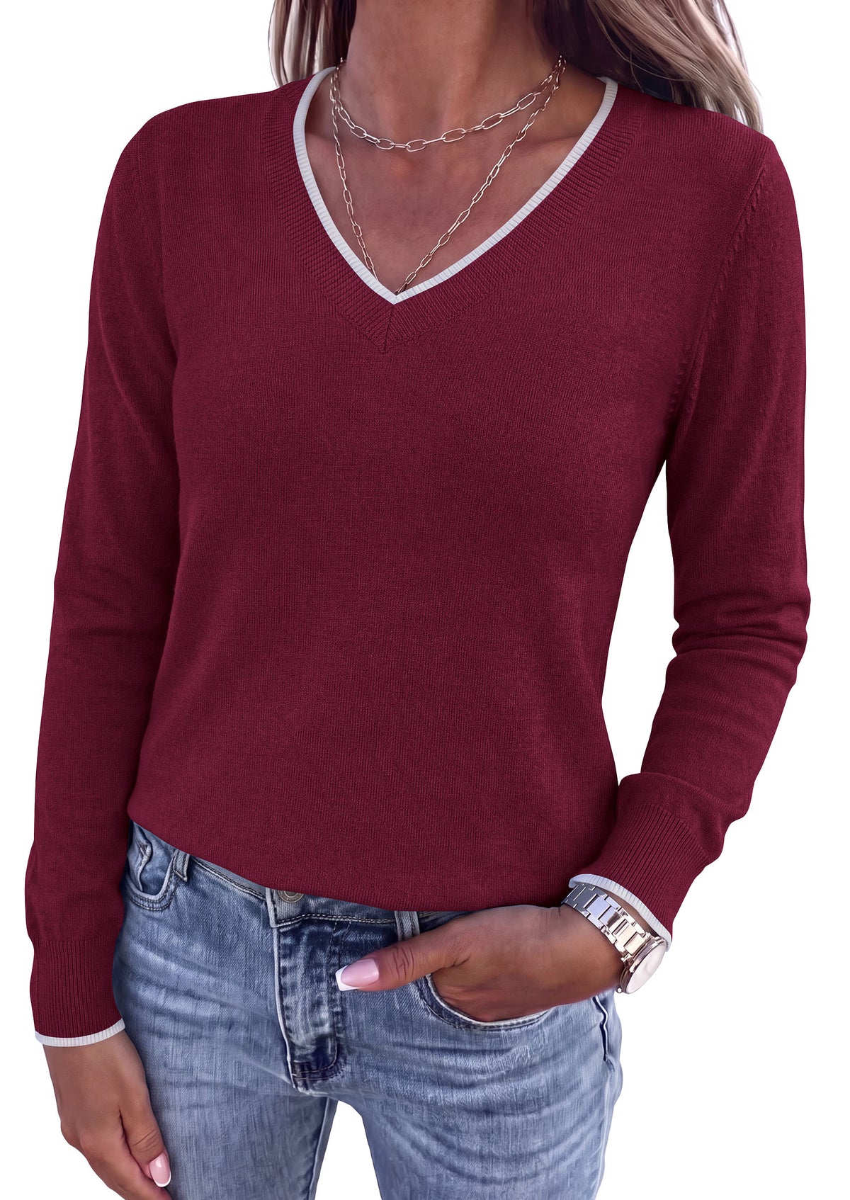 PRETTYGARDEN Women's V Neck Sweater Long Sleeve Knit Tops Patchwork V Neck, Cozy Lightweight Pullover, Loose Basic Soft, Business Casual, Fall Winter Clothes