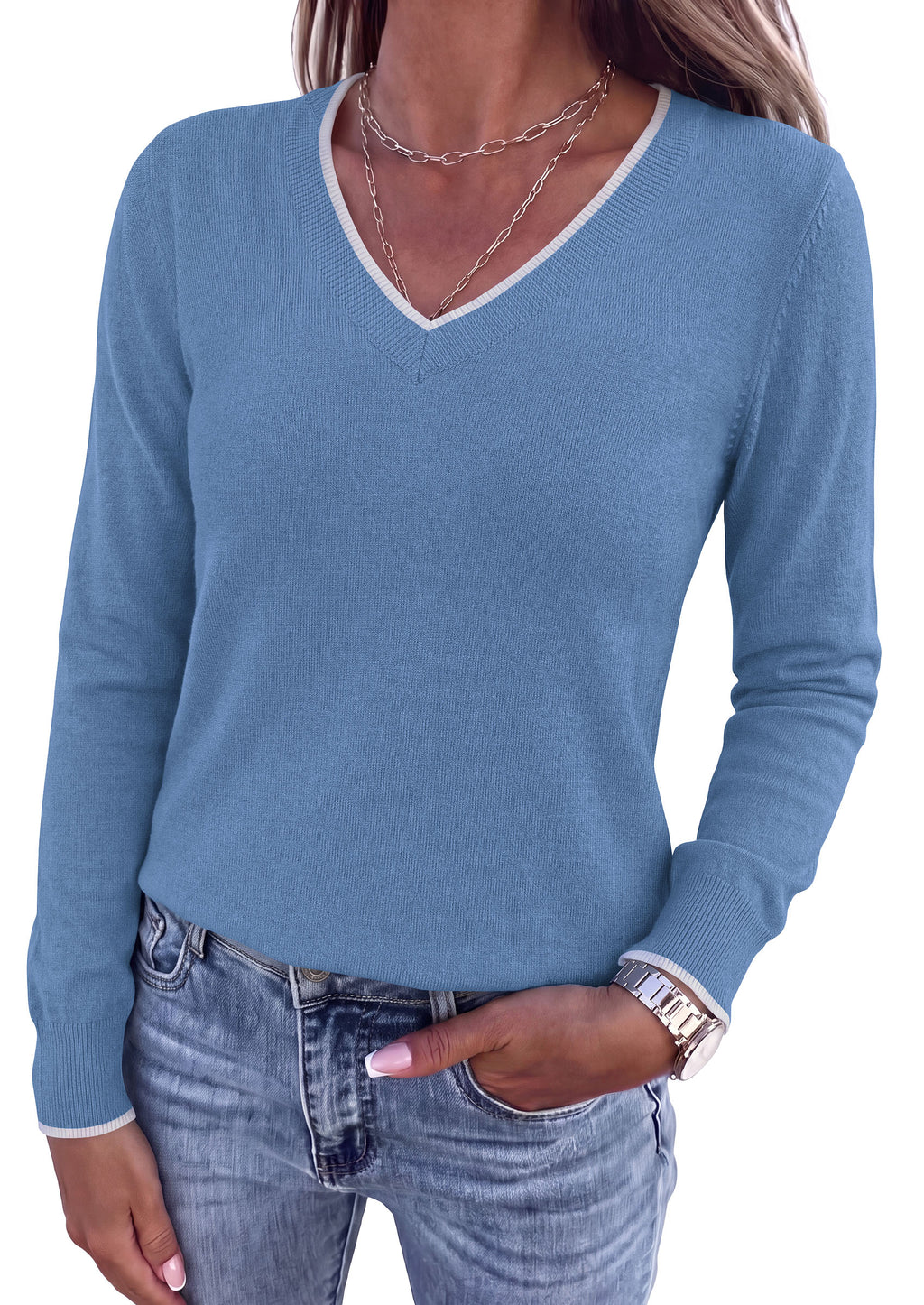 PRETTYGARDEN Women's V Neck Sweater Long Sleeve Knit Tops Patchwork V Neck, Cozy Lightweight Pullover, Loose Basic Soft, Business Casual, Fall Winter Clothes