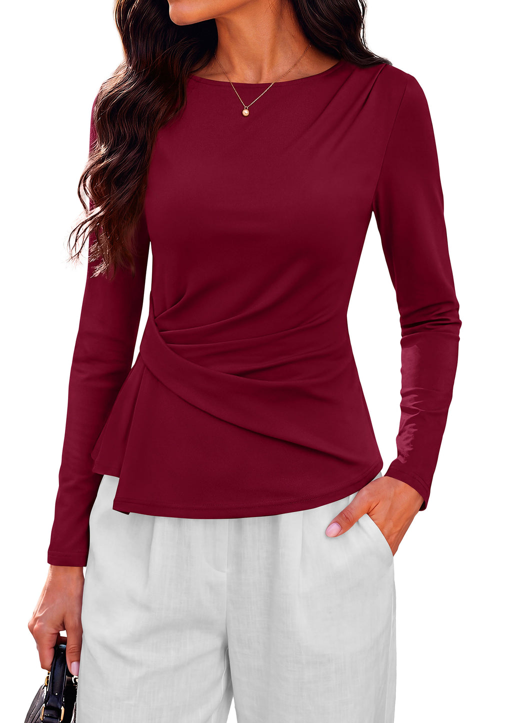 PRETTYGARDEN Womens Ruched Tops Casual Long Sleeve Shirt Soft Stretchy Knit, Round Neck Slim Fitted Shape, Pleated Asymmetrical Hem, Office Work Daily Wear