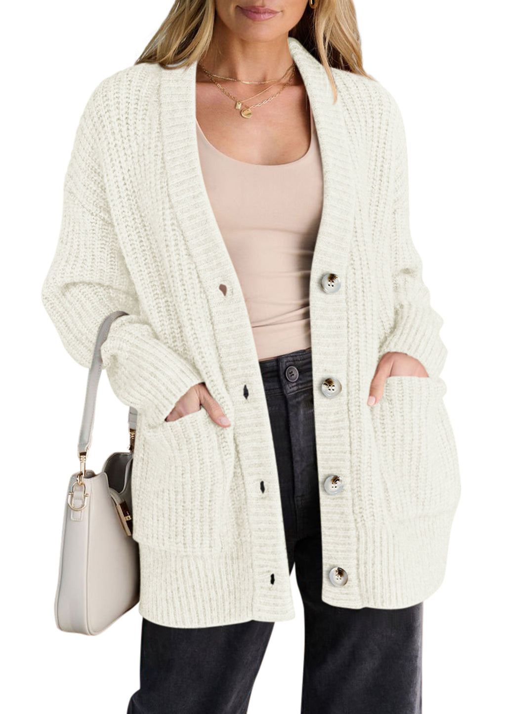 PRETTYGARDEN Oversized Cardigan Sweaters for Women Button Up V Neck Long Cardigans, Chunky Ribbed Knit Loose Fit with Side Pockets, Fall Winter Clothing