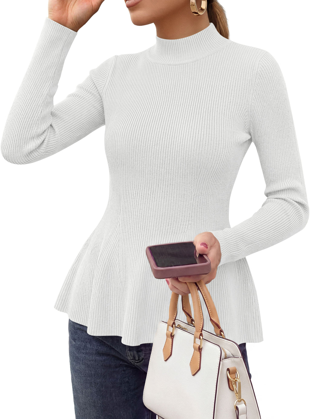 PRETTYGARDEN Womens Fall Mock Neck Long Sleeve Tops Bodycon Peplum Sweaters Cozy Soft Knit Pullover,Ruffle Hem,Business Casual Work Outfits,Trendy Fall Fashion Clothing,Winter Layering Clothes