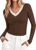 BTFBM Women V Neck Long Sleeve Shirts Lightweight Fall Fashion Clothing Stretchy, Slim Fit Tees, Color Block, Y2K, Going Out Tops, Workout, Vacation Outfits, Casual Business, Trendy For Winter