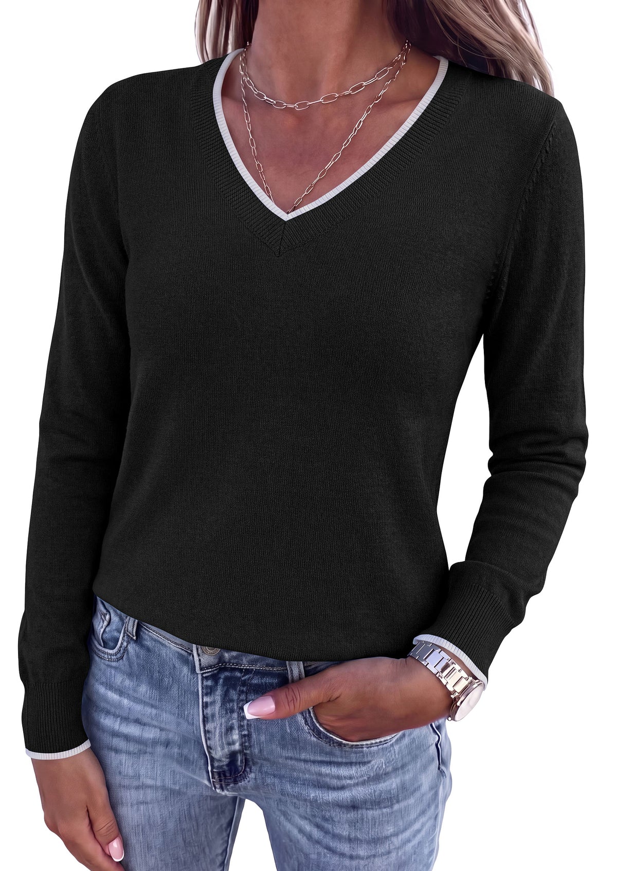PRETTYGARDEN Women's V Neck Sweater Long Sleeve Knit Tops Patchwork V Neck, Cozy Lightweight Pullover, Loose Basic Soft, Business Casual, Fall Winter Clothes