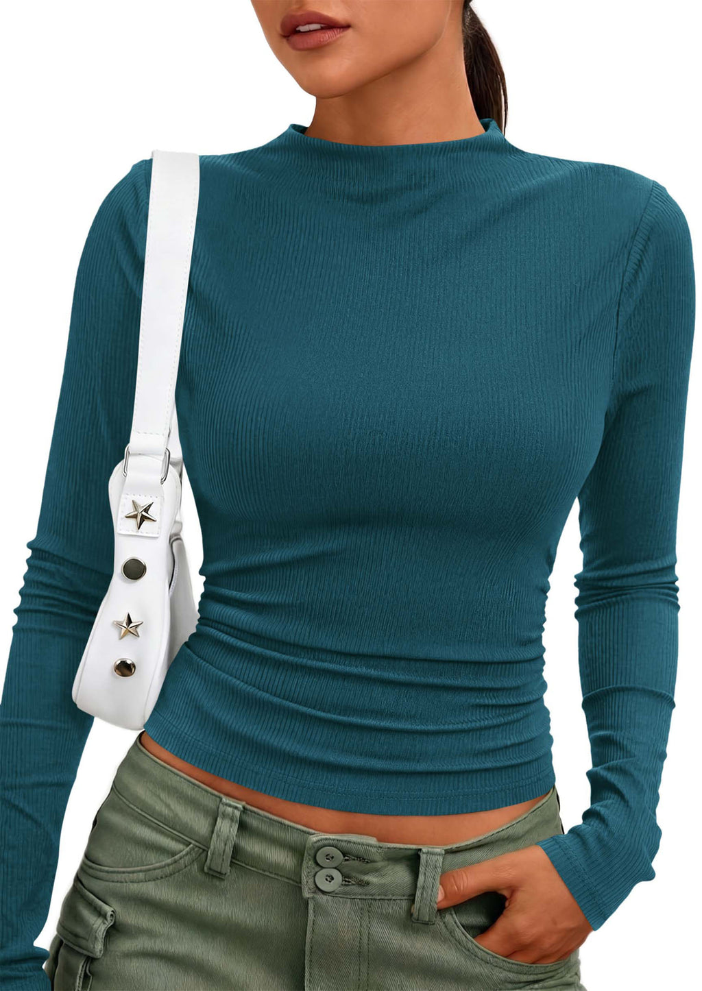 PRETTYGARDEN Womens Tops Casual Mock Neck Long Sleeve Shirts Soft Stretchy Ribbed Knit, Ruched Slim Fit, Going Out Tops, Work, Date Outfits, Y2K Clothes,Fall Winter Basic Layering