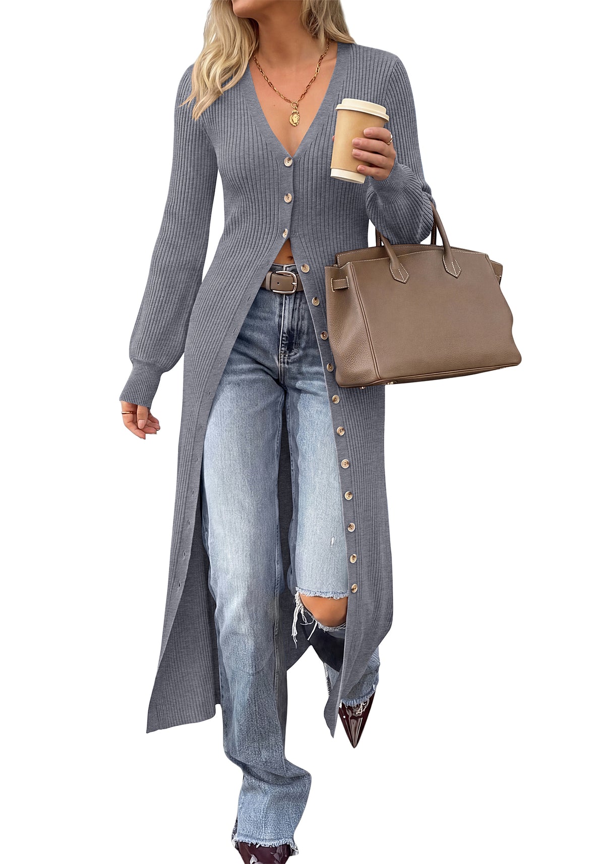 BTFBM Button Up Long Cardigans for Women Ribbed V Neck Midi Sweater Dress Puff Long Sleeve Cardigan Sweaters, Soft Stretchy Lightweight Duster Cardigans, Knit Winter Dresses, Fall Outfits Trendy