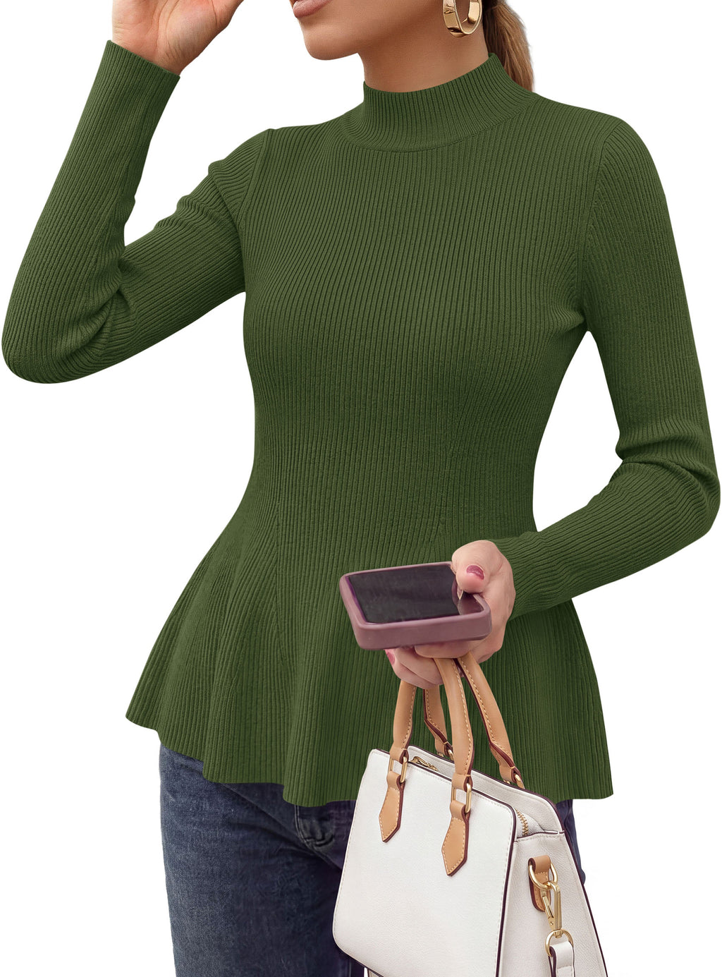PRETTYGARDEN Womens Fall Mock Neck Long Sleeve Tops Bodycon Peplum Sweaters Cozy Soft Knit Pullover,Ruffle Hem,Business Casual Work Outfits,Trendy Fall Fashion Clothing,Winter Layering Clothes