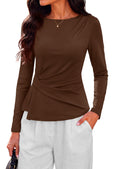 PRETTYGARDEN Womens Ruched Tops Casual Long Sleeve Shirt Soft Stretchy Knit, Round Neck Slim Fitted Shape, Pleated Asymmetrical Hem, Office Work Daily Wear