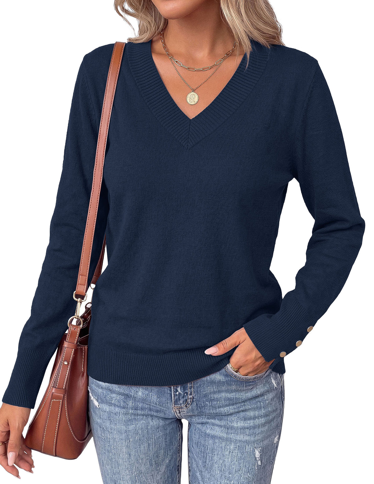 PRETTYGARDEN Fall Sweaters for Women V Neck Lightweight Pullover Soft Knit Sweater Tops,Long Sleeve,Slit Cuffs with Decorative,Layering Winter Clothes