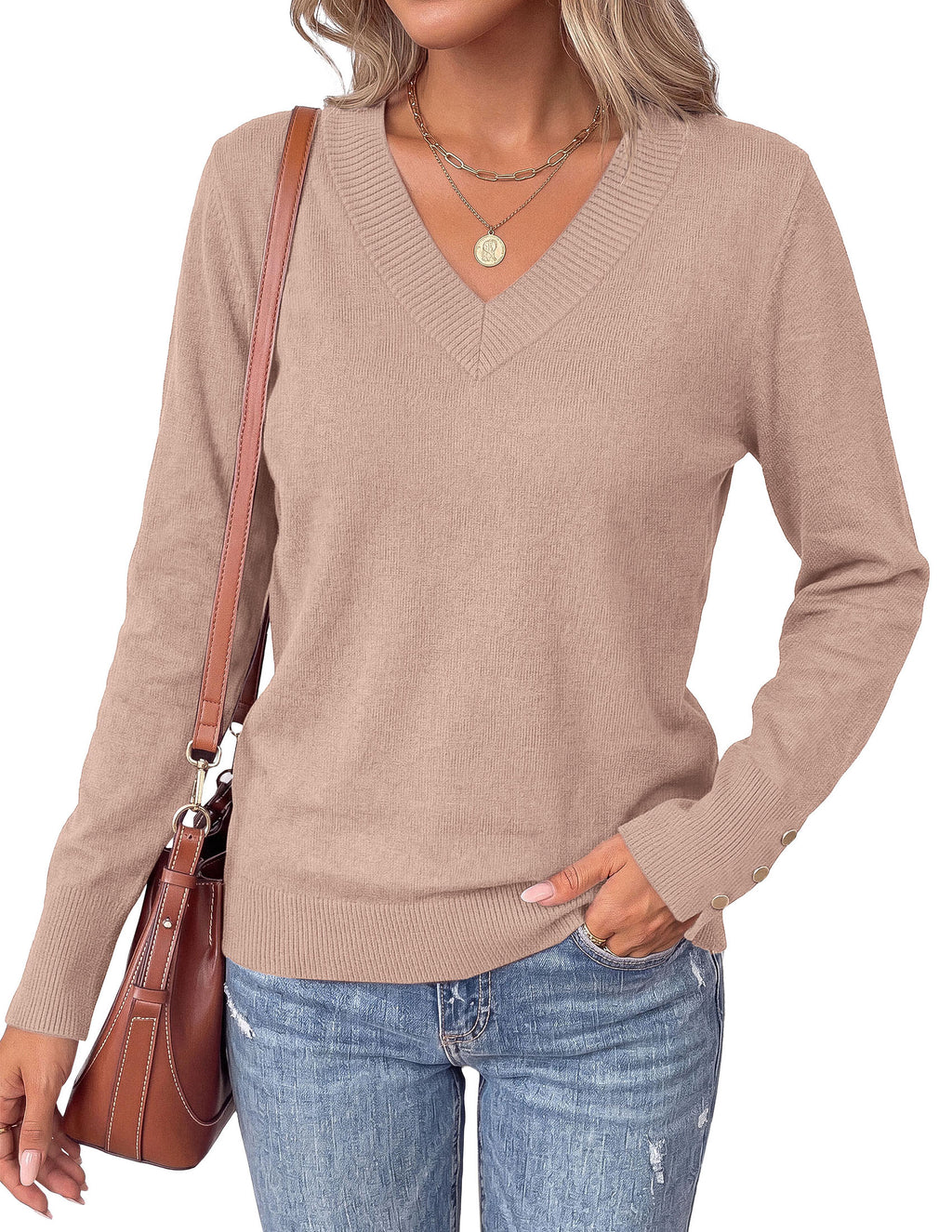 PRETTYGARDEN Fall Sweaters for Women V Neck Lightweight Pullover Soft Knit Sweater Tops,Long Sleeve,Slit Cuffs with Decorative,Layering Winter Clothes