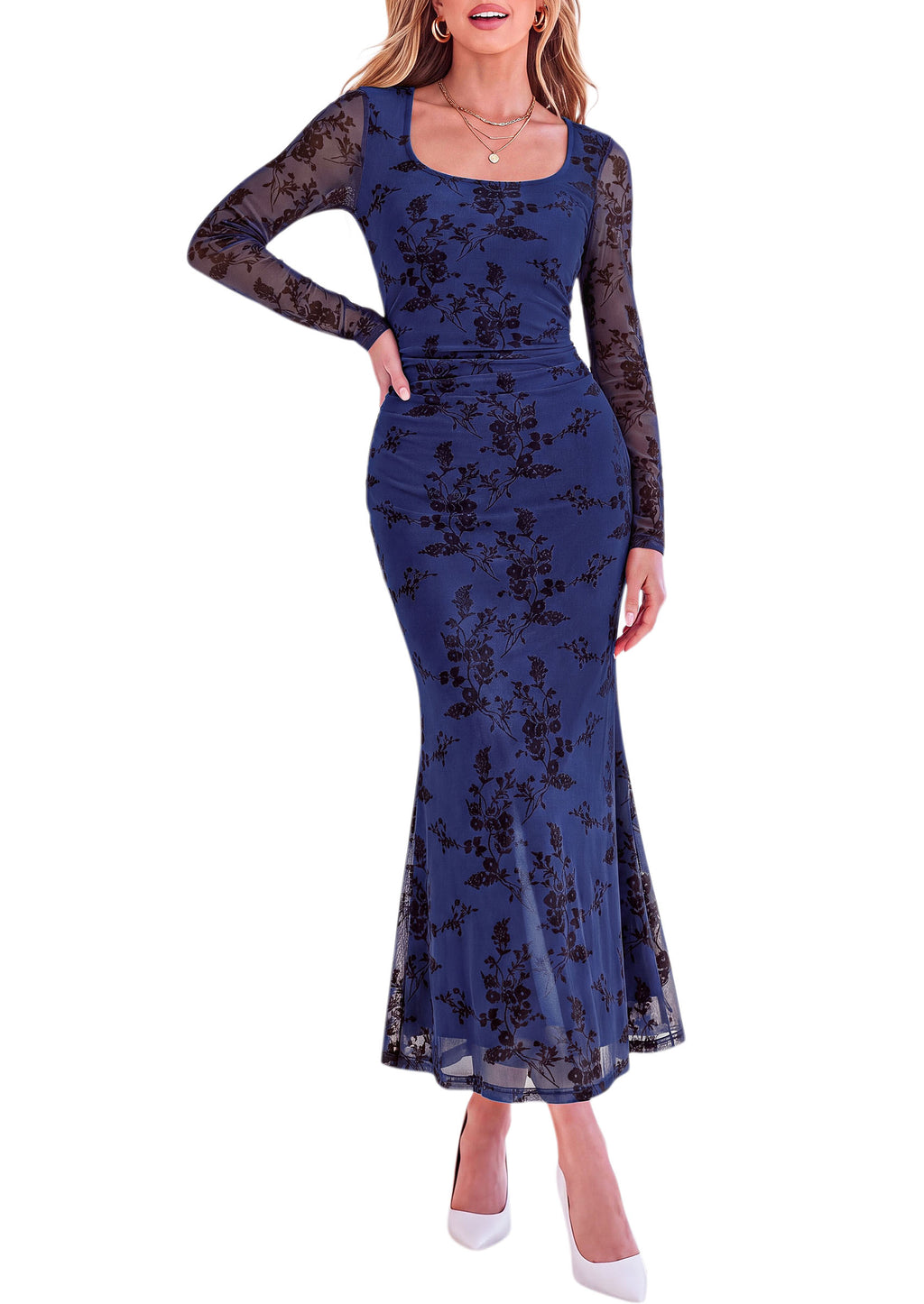 PRETTYGARDEN Women's Long Sleeve Floral Maxi Bodycon Dress Cocktail Dresses for Wedding Guest, Square Neck, Stretchy Mesh, Elegant Classy, Formal Holiday Party