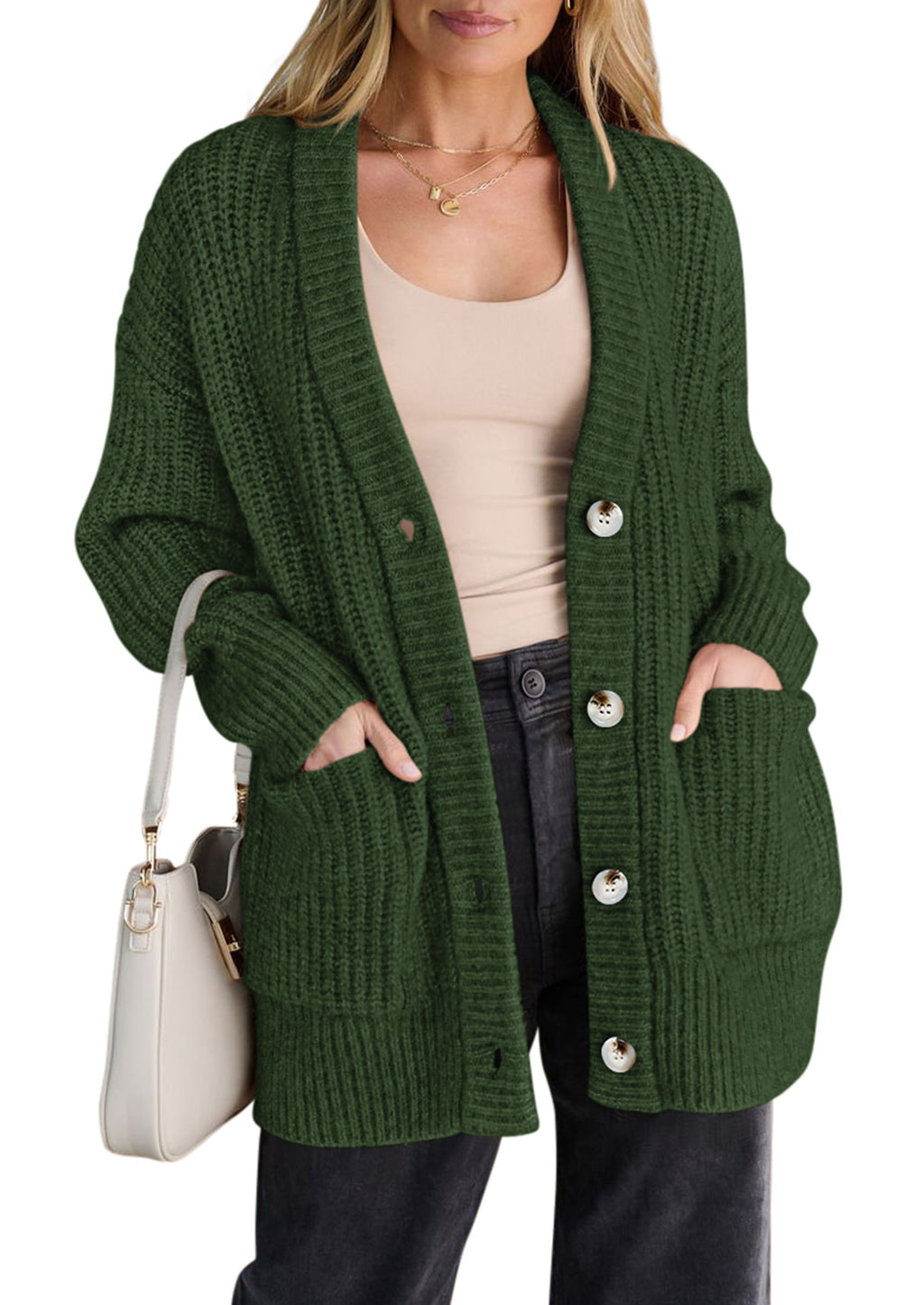 PRETTYGARDEN Oversized Cardigan Sweaters for Women Button Up V Neck Long Cardigans, Chunky Ribbed Knit Loose Fit with Side Pockets, Fall Winter Clothing
