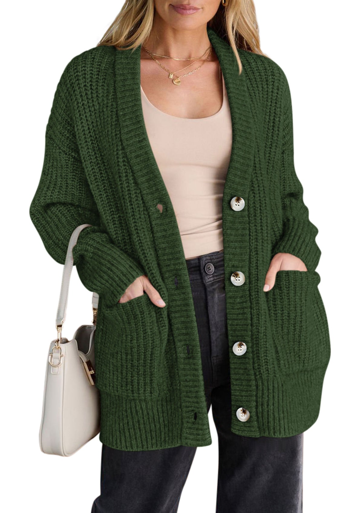PRETTYGARDEN Oversized Cardigan Sweaters for Women Button Up V Neck Long Cardigans, Chunky Ribbed Knit Loose Fit with Side Pockets, Fall Winter Clothing