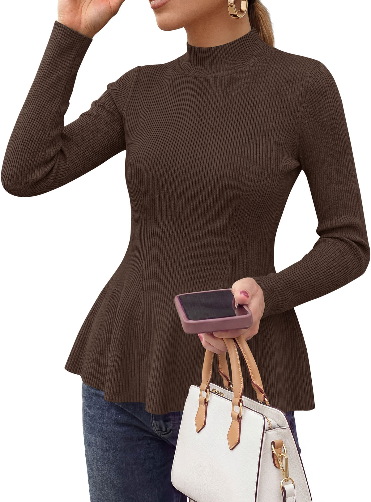 PRETTYGARDEN Womens Fall Mock Neck Long Sleeve Tops Bodycon Peplum Sweaters Cozy Soft Knit Pullover,Ruffle Hem,Business Casual Work Outfits,Trendy Fall Fashion Clothing,Winter Layering Clothes
