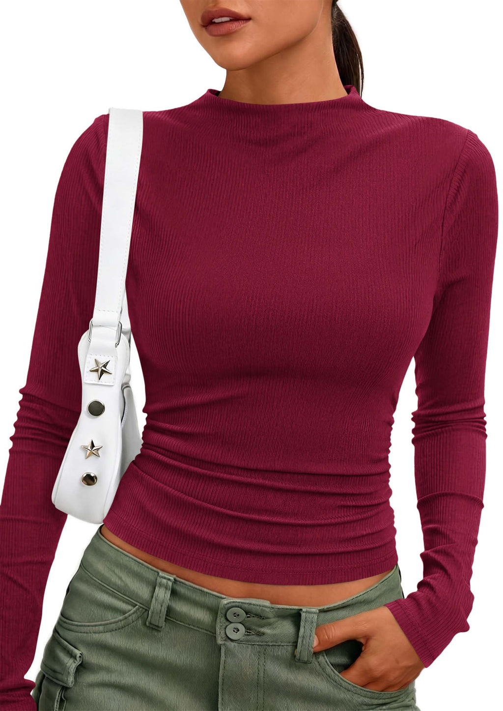PRETTYGARDEN Womens Tops Casual Mock Neck Long Sleeve Shirts Soft Stretchy Ribbed Knit, Ruched Slim Fit, Going Out Tops, Work, Date Outfits, Y2K Clothes,Fall Winter Basic Layering