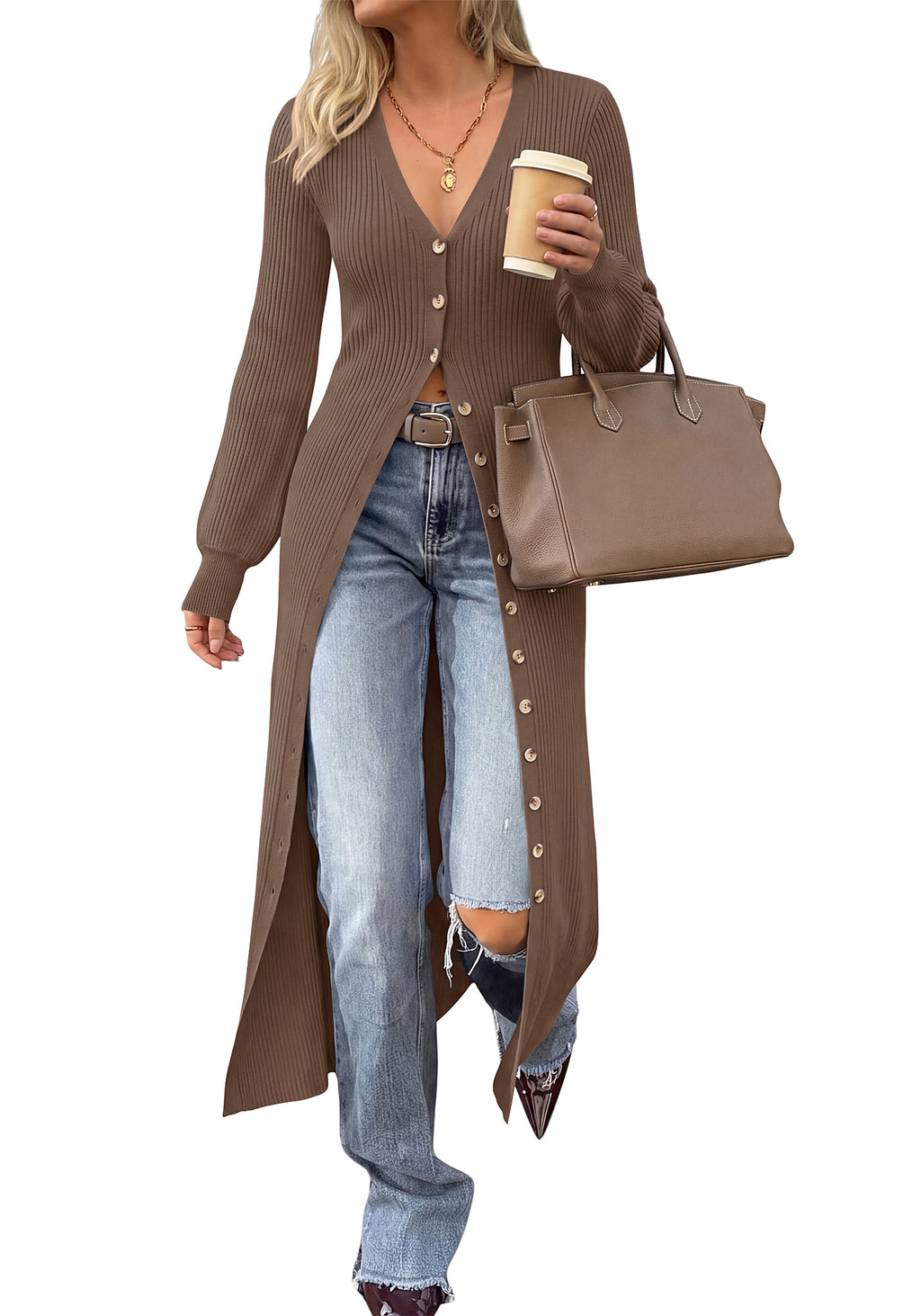 BTFBM Button Up Long Cardigans for Women Ribbed V Neck Midi Sweater Dress Puff Long Sleeve Cardigan Sweaters, Soft Stretchy Lightweight Duster Cardigans, Knit Winter Dresses, Fall Outfits Trendy