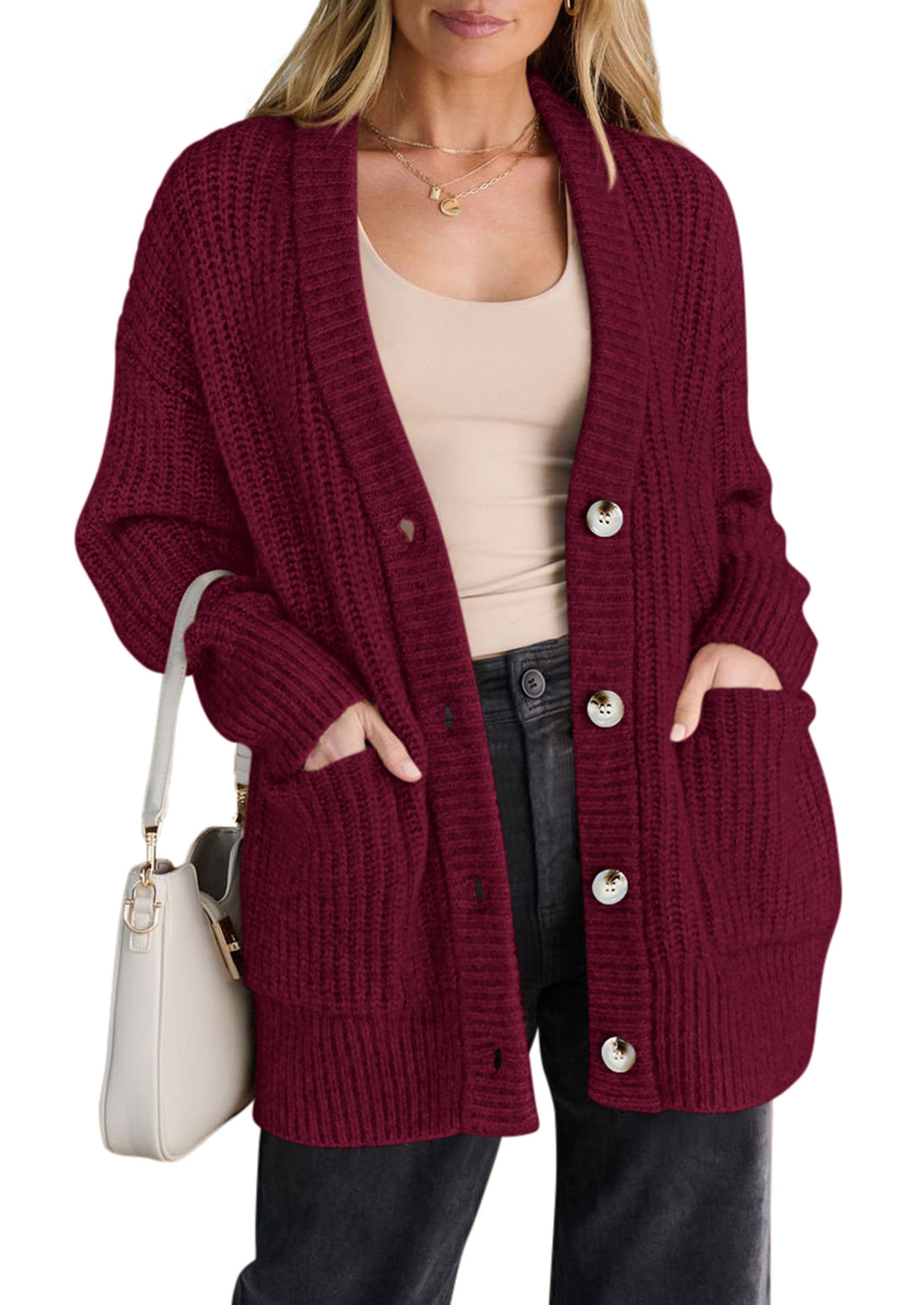 PRETTYGARDEN Oversized Cardigan Sweaters for Women Button Up V Neck Long Cardigans, Chunky Ribbed Knit Loose Fit with Side Pockets, Fall Winter Clothing