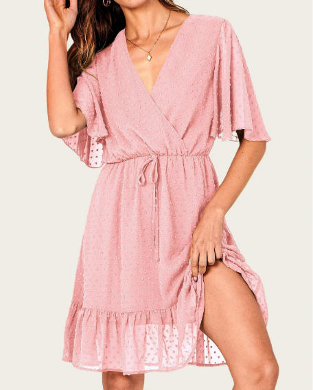 FreshPretty Women's Summer Dresses Casual Short Sleeve V Neck Ruffle Floral Print High Waist Flowy Mini Dress with Belt