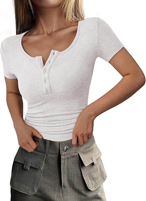 PRETTYGARDEN Women's  Fall Summer Short Sleeve Tops Ribbed Henley Button Slim Fit Basic Casual T Shirts Blouse Clothing