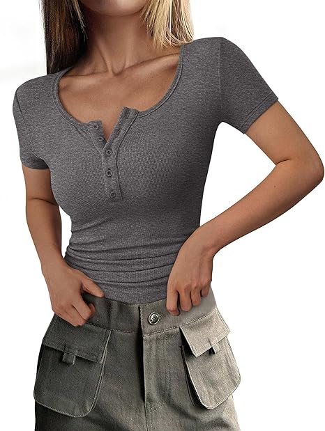 PRETTYGARDEN Women's  Fall Summer Short Sleeve Tops Ribbed Henley Button Slim Fit Basic Casual T Shirts Blouse Clothing