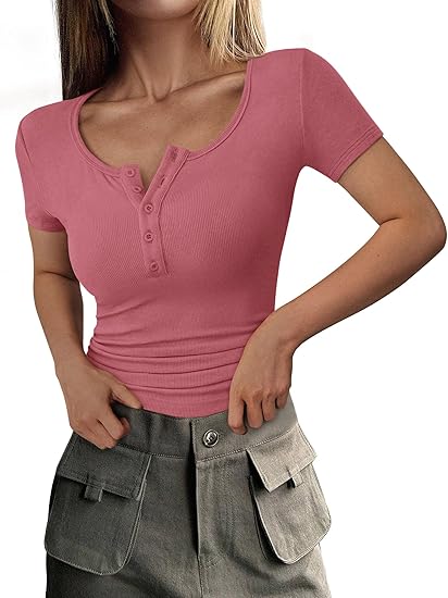 PRETTYGARDEN Women's  Fall Summer Short Sleeve Tops Ribbed Henley Button Slim Fit Basic Casual T Shirts Blouse Clothing