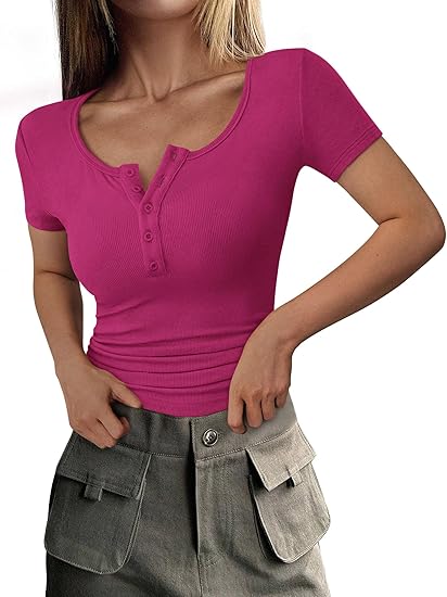 PRETTYGARDEN Women's  Fall Summer Short Sleeve Tops Ribbed Henley Button Slim Fit Basic Casual T Shirts Blouse Clothing