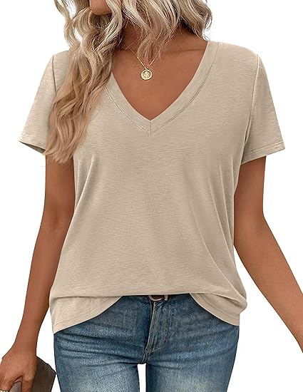 PRETTYGARDEN Womens Tops Short Sleeve Oversized Tshirts Shirts Summer Casual V Neck Loose Basic Tees Spring Tunic Blouse