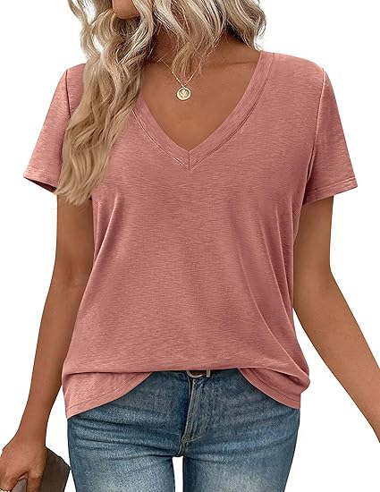 PRETTYGARDEN Womens Tops Short Sleeve Oversized Tshirts Shirts Summer Casual V Neck Loose Basic Tees Spring Tunic Blouse