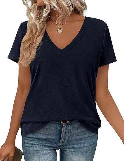 PRETTYGARDEN Womens Tops Short Sleeve Oversized Tshirts Shirts Summer Casual V Neck Loose Basic Tees Spring Tunic Blouse
