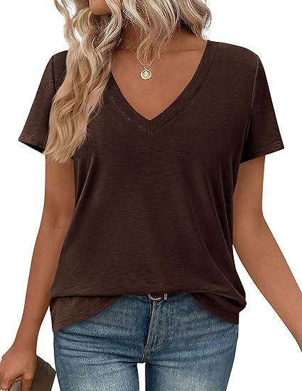 PRETTYGARDEN Womens Tops Short Sleeve Oversized Tshirts Shirts Summer Casual V Neck Loose Basic Tees Spring Tunic Blouse