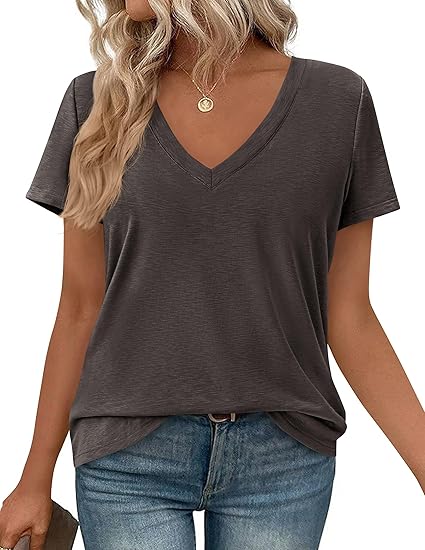 PRETTYGARDEN Womens Tops Short Sleeve Oversized Tshirts Shirts Summer Casual V Neck Loose Basic Tees Spring Tunic Blouse