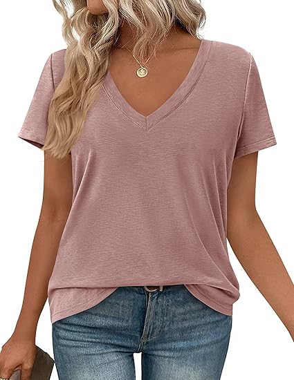 PRETTYGARDEN Womens Tops Short Sleeve Oversized Tshirts Shirts Summer Casual V Neck Loose Basic Tees Spring Tunic Blouse