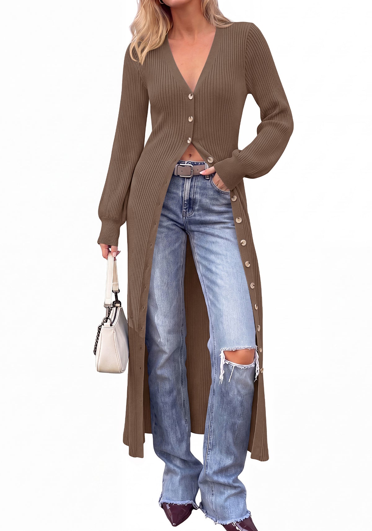 BTFBM Button Up Long Cardigans for Women Ribbed V Neck Midi Sweater Dress Puff Long Sleeve Cardigan Sweaters, Soft Stretchy Lightweight Duster Cardigans, Knit Winter Dresses, Fall Outfits Trendy