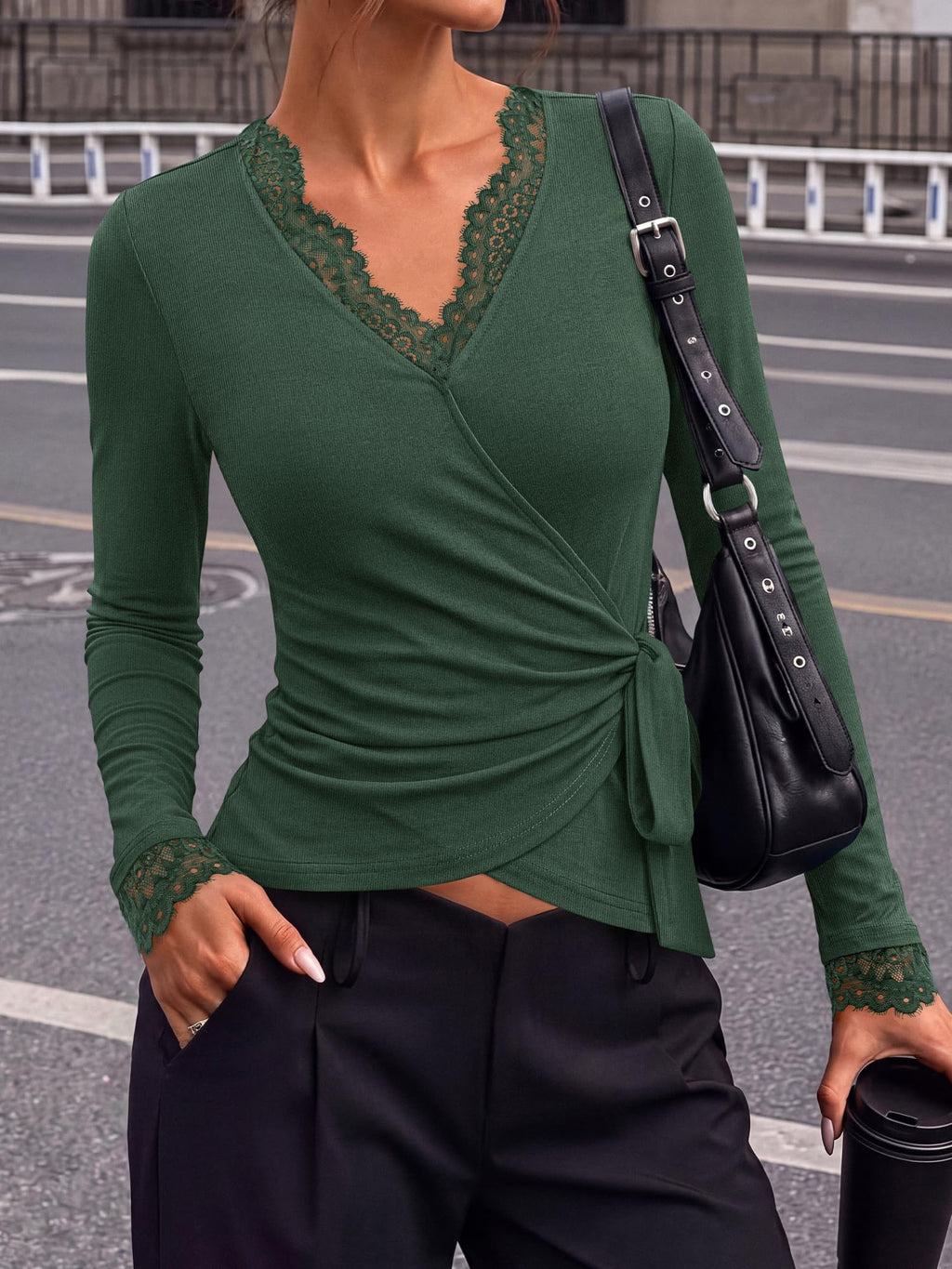 BTFBM Womens Sexy Wrap Top Lace Long Sleeve Tops Lightweight V-Neck Slim Fitted Shirt,Adjustable Side Tie,Cocatail,Party,Vacation,Early Fall Fashion,Winter Clothes