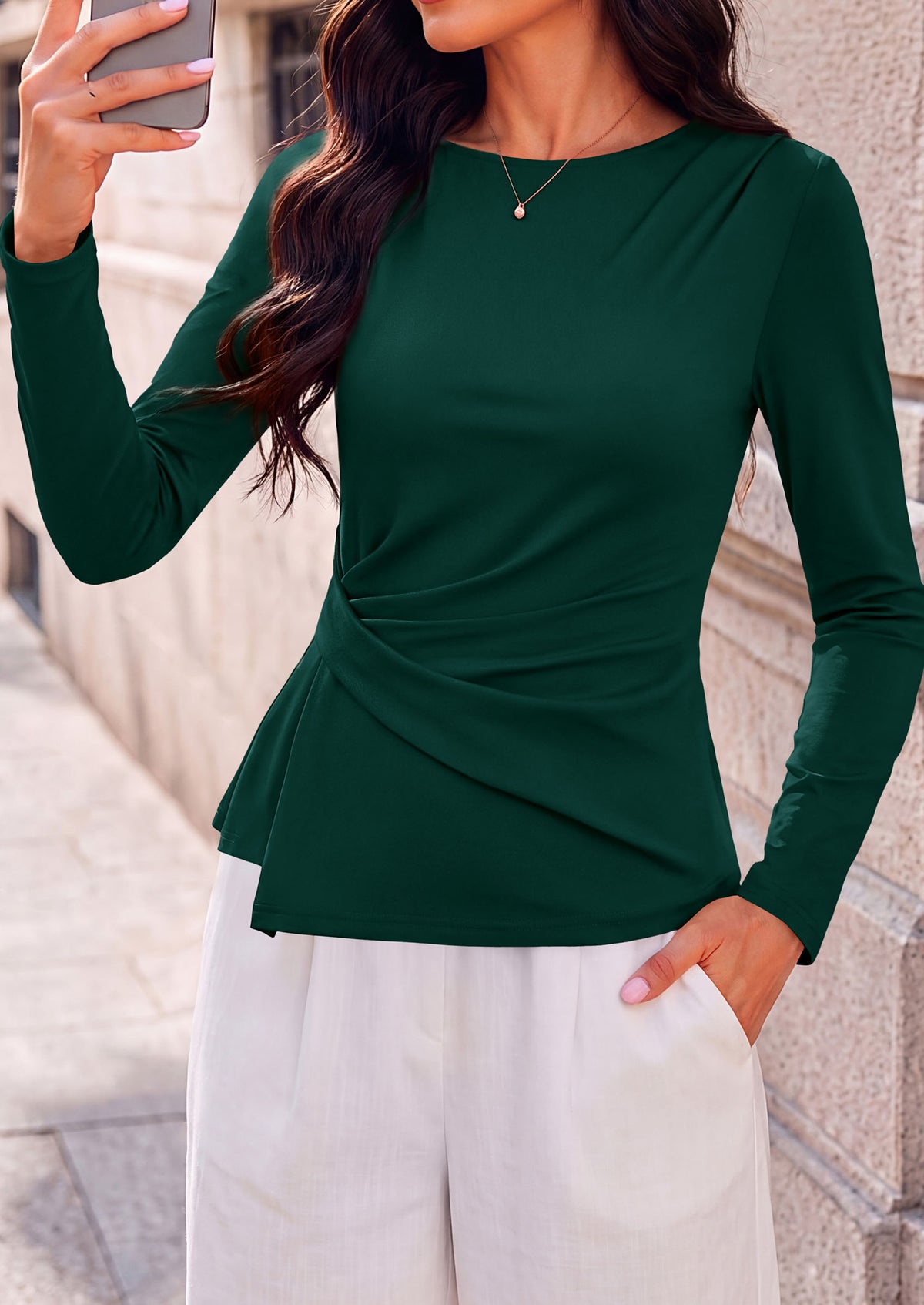 PRETTYGARDEN Womens Ruched Tops Casual Long Sleeve Shirt Soft Stretchy Knit, Round Neck Slim Fitted Shape, Pleated Asymmetrical Hem, Office Work Daily Wear