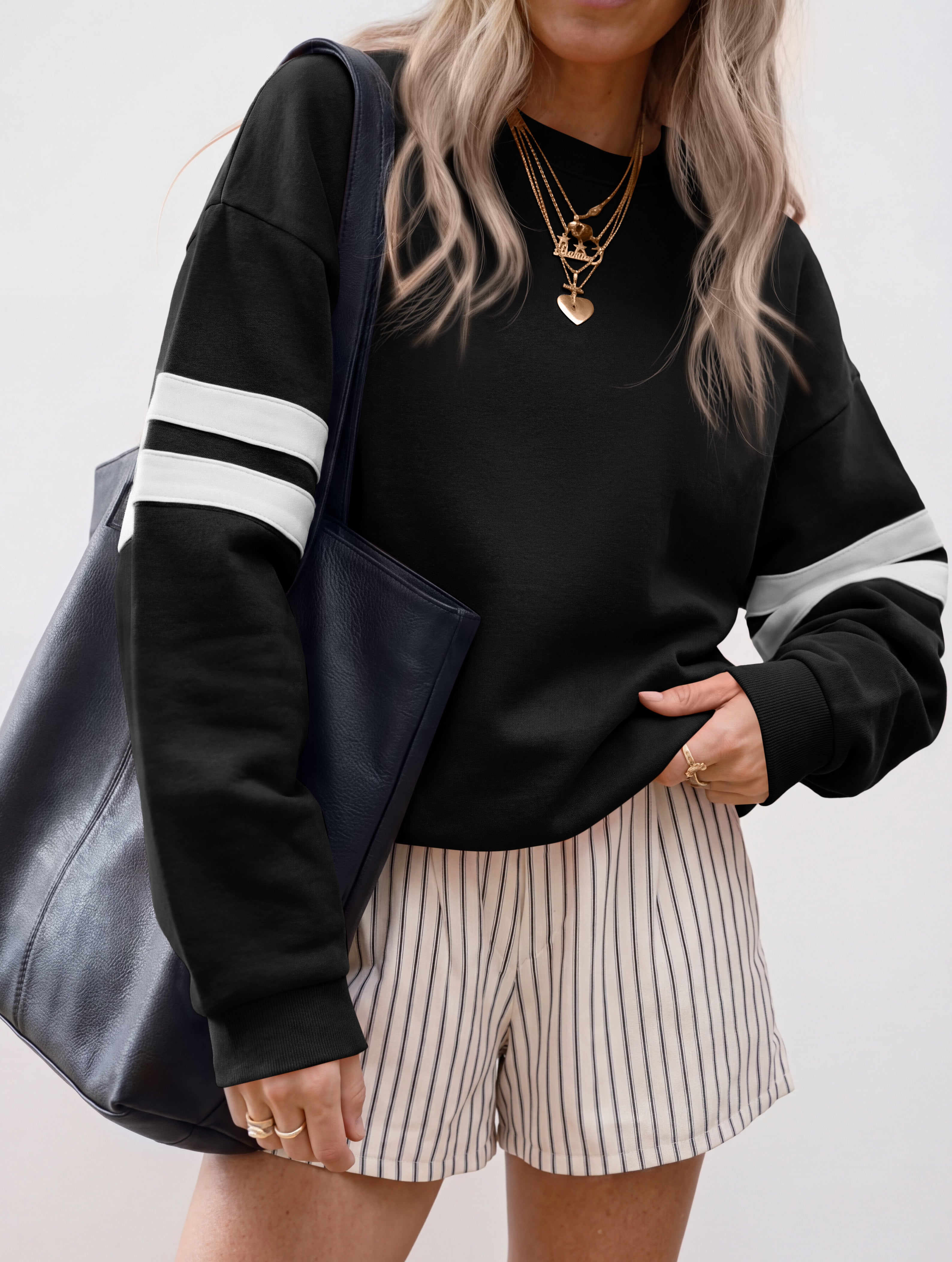 BTFBM Womens Oversized Sweatshirt Varsity Striped Tops Casual Long Sleeve Crewneck Drop Shoulder Knit Pullover Sweatshirts,Retro Sporty,Work,School,Holiday,Fall Winter