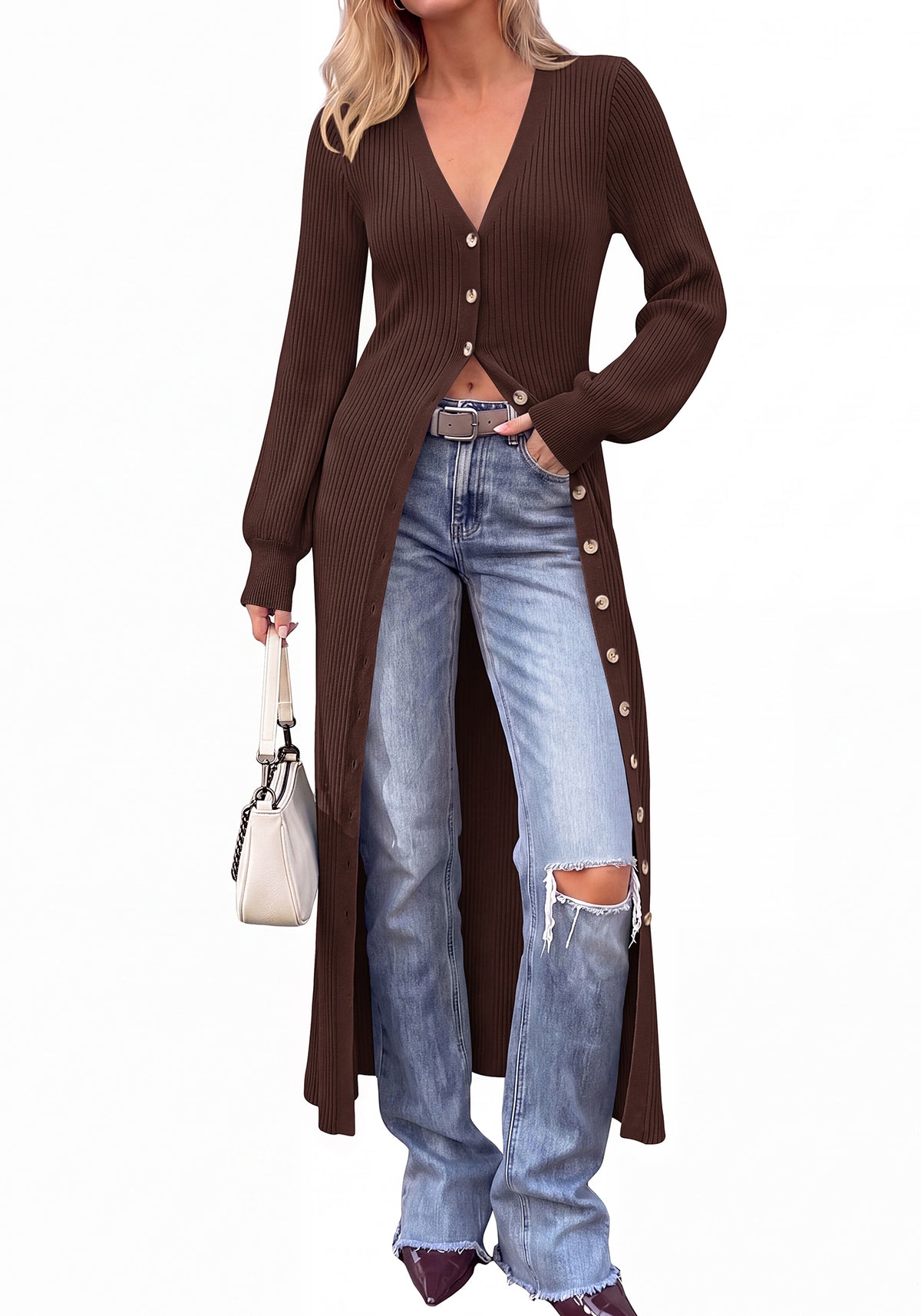 BTFBM Button Up Long Cardigans for Women Ribbed V Neck Midi Sweater Dress Puff Long Sleeve Cardigan Sweaters, Soft Stretchy Lightweight Duster Cardigans, Knit Winter Dresses, Fall Outfits Trendy