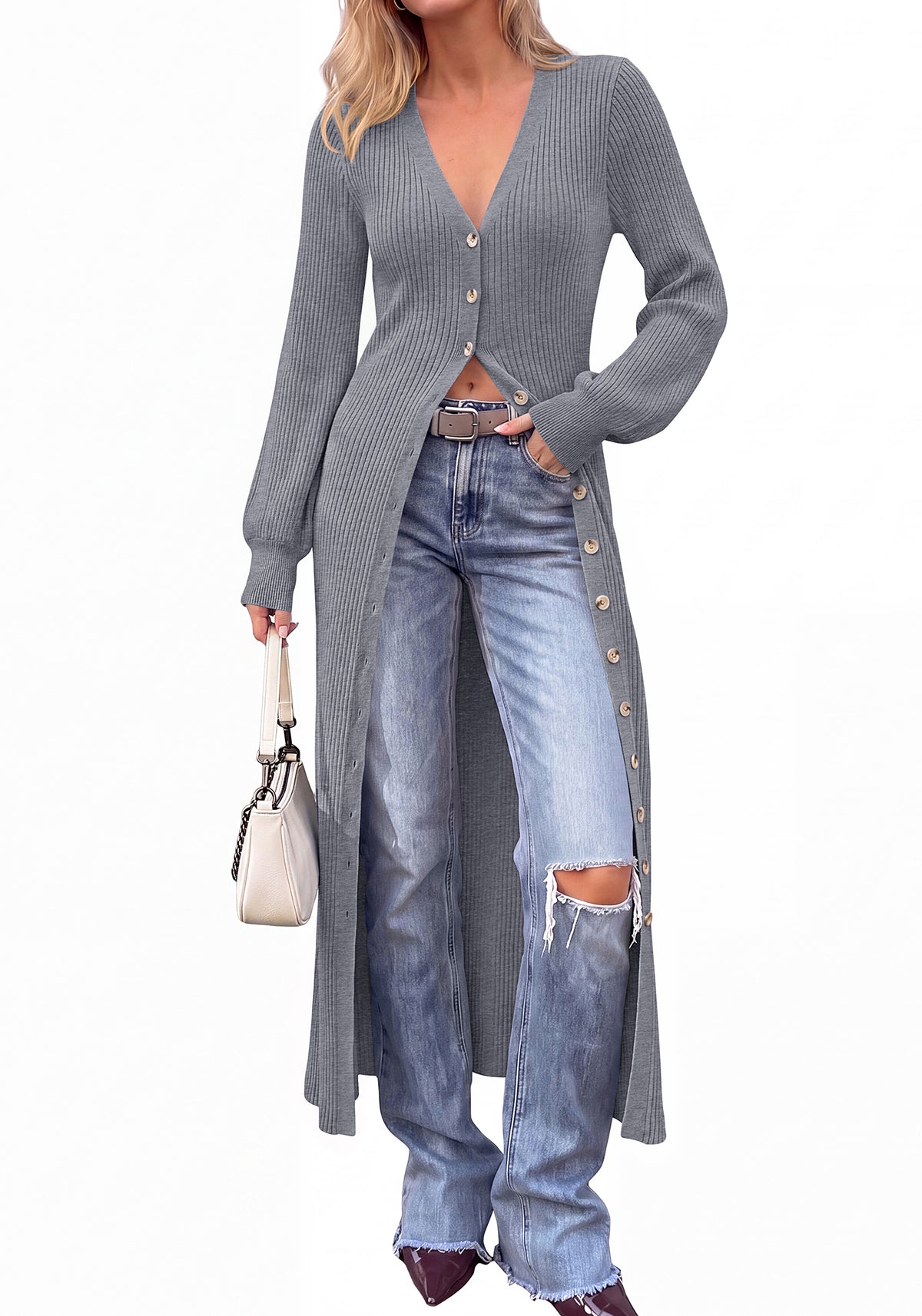 BTFBM Button Up Long Cardigans for Women Ribbed V Neck Midi Sweater Dress Puff Long Sleeve Cardigan Sweaters, Soft Stretchy Lightweight Duster Cardigans, Knit Winter Dresses, Fall Outfits Trendy