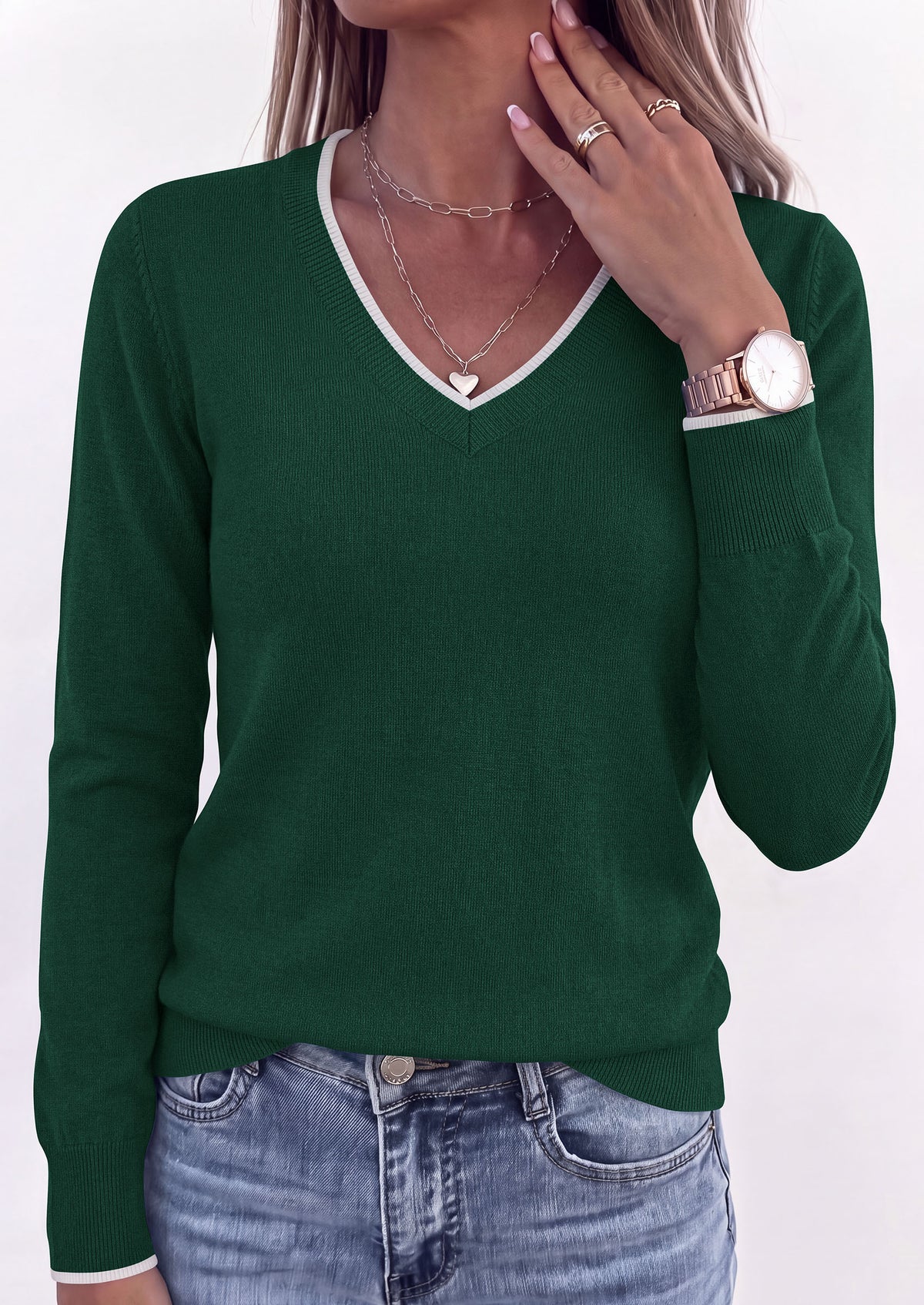 PRETTYGARDEN Women's V Neck Sweater Long Sleeve Knit Tops Patchwork V Neck, Cozy Lightweight Pullover, Loose Basic Soft, Business Casual, Fall Winter Clothes