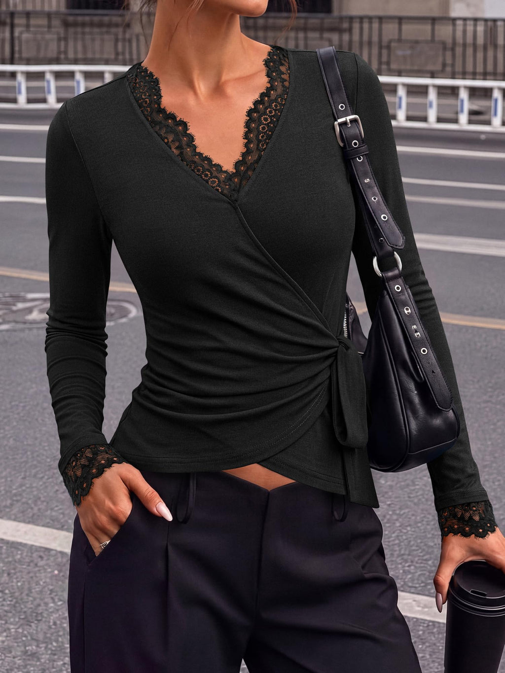 BTFBM Womens Sexy Wrap Top Lace Long Sleeve Tops Lightweight V-Neck Slim Fitted Shirt,Adjustable Side Tie,Cocatail,Party,Vacation,Early Fall Fashion,Winter Clothes
