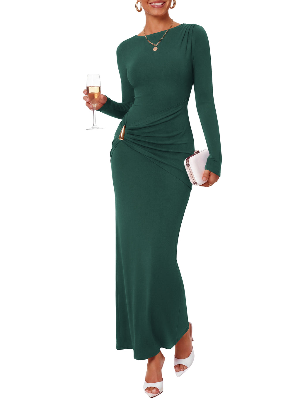 BTFBM Womens Long Sleeve Ruched Slit Maxi Wedding Guest Dress Lightweight, Boat Neck, Bodycon, Semi Formal Dresses For Women Cocktail, Party, Homecoming, Date Night, Holiday Outfits