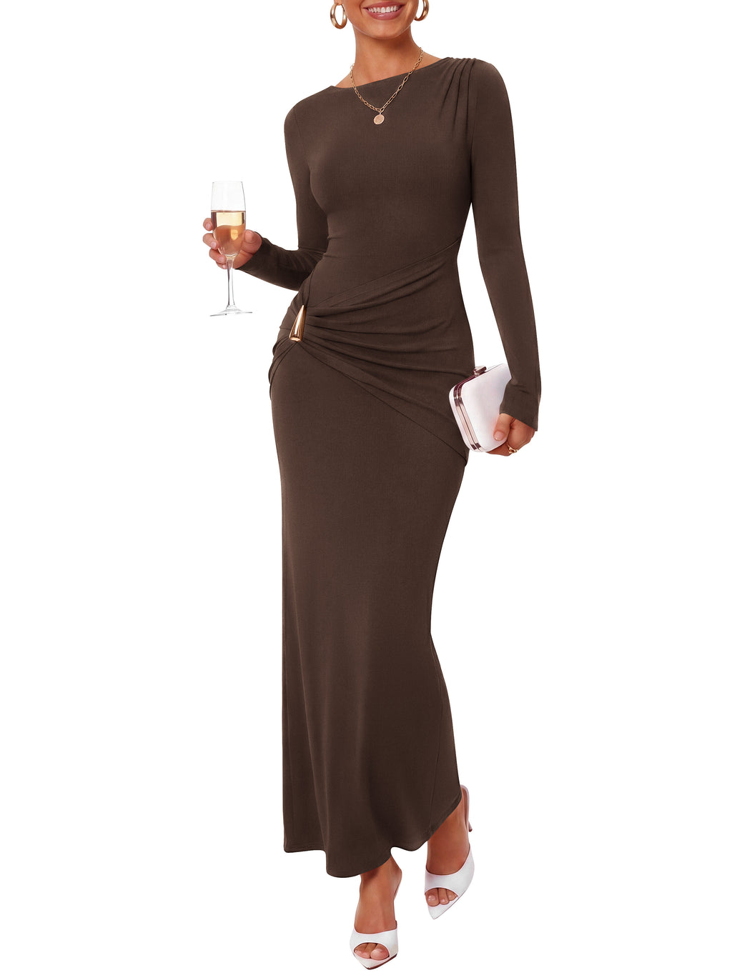 BTFBM Womens Long Sleeve Ruched Slit Maxi Wedding Guest Dress Lightweight, Boat Neck, Bodycon, Semi Formal Dresses For Women Cocktail, Party, Homecoming, Date Night, Holiday Outfits