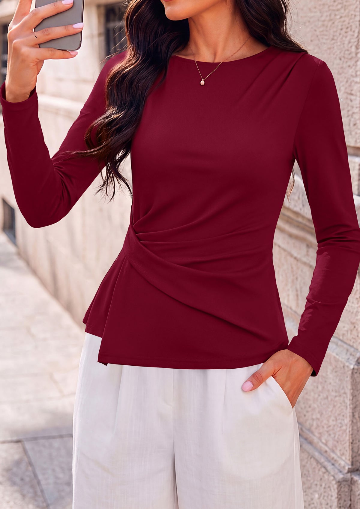 PRETTYGARDEN Womens Ruched Tops Casual Long Sleeve Shirt Soft Stretchy Knit, Round Neck Slim Fitted Shape, Pleated Asymmetrical Hem, Office Work Daily Wear