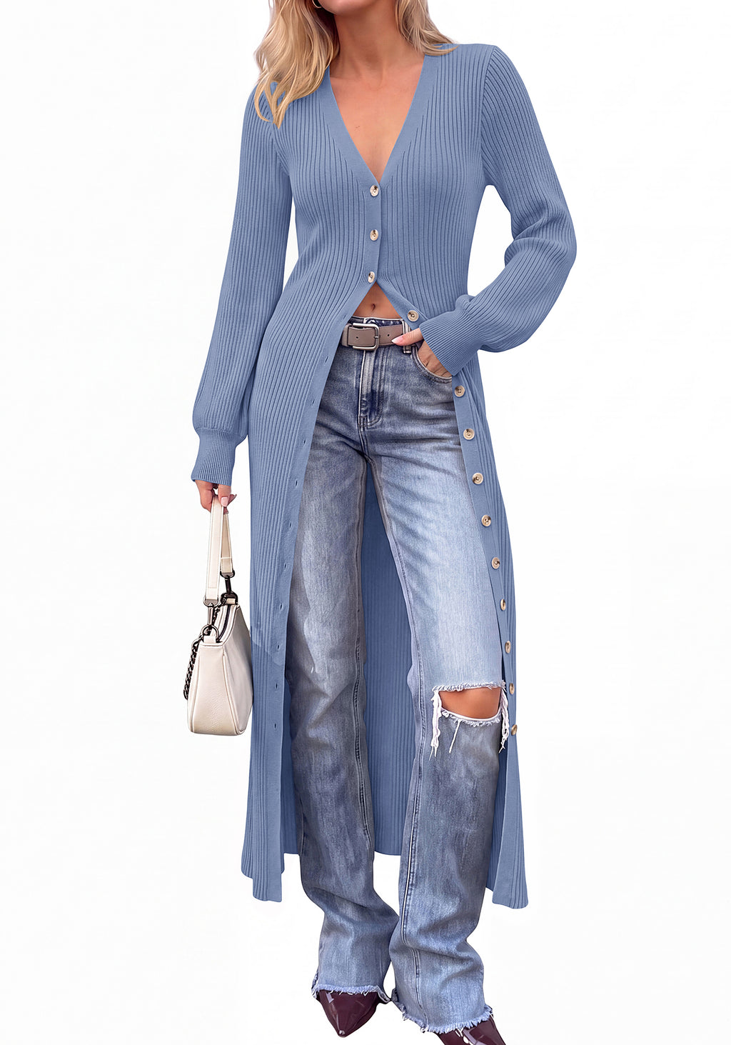 BTFBM Button Up Long Cardigans for Women Ribbed V Neck Midi Sweater Dress Puff Long Sleeve Cardigan Sweaters, Soft Stretchy Lightweight Duster Cardigans, Knit Winter Dresses, Fall Outfits Trendy