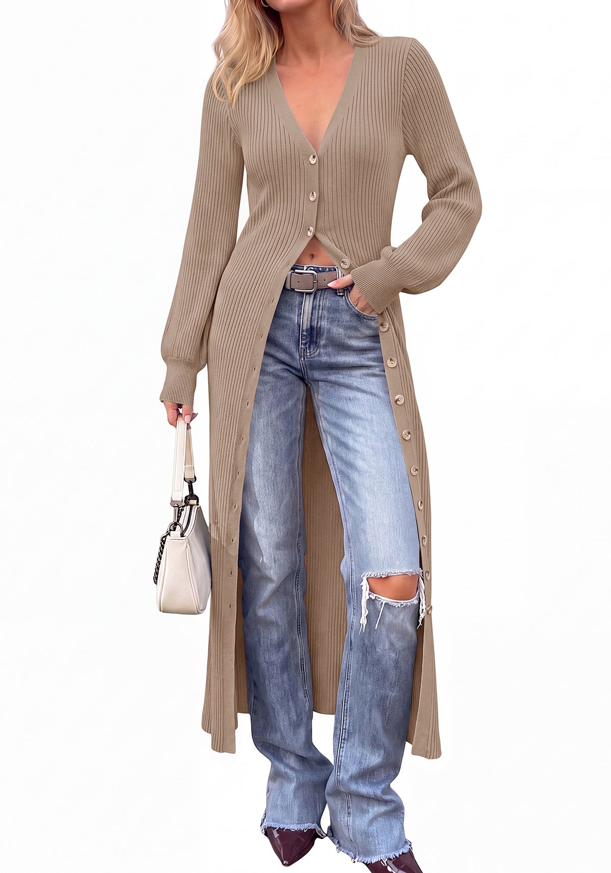 BTFBM Button Up Long Cardigans for Women Ribbed V Neck Midi Sweater Dress Puff Long Sleeve Cardigan Sweaters, Soft Stretchy Lightweight Duster Cardigans, Knit Winter Dresses, Fall Outfits Trendy