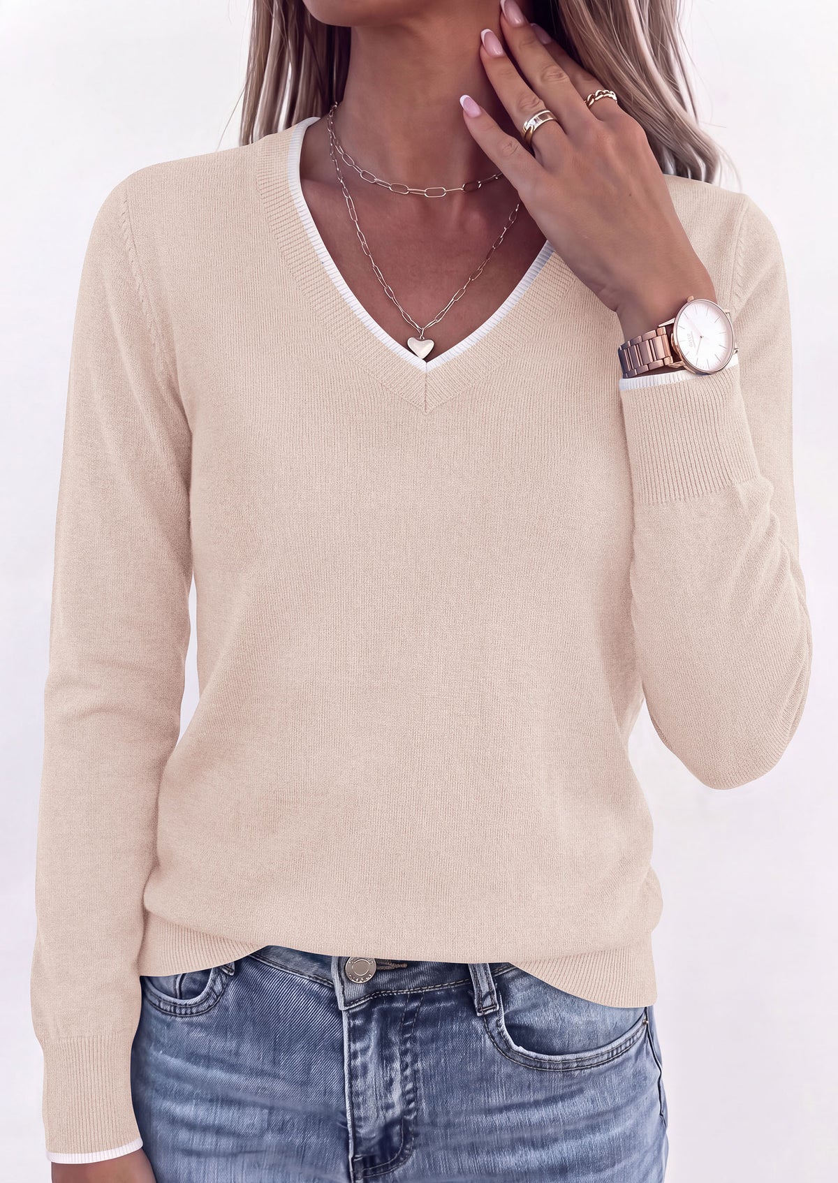 PRETTYGARDEN Women's V Neck Sweater Long Sleeve Knit Tops Patchwork V Neck, Cozy Lightweight Pullover, Loose Basic Soft, Business Casual, Fall Winter Clothes