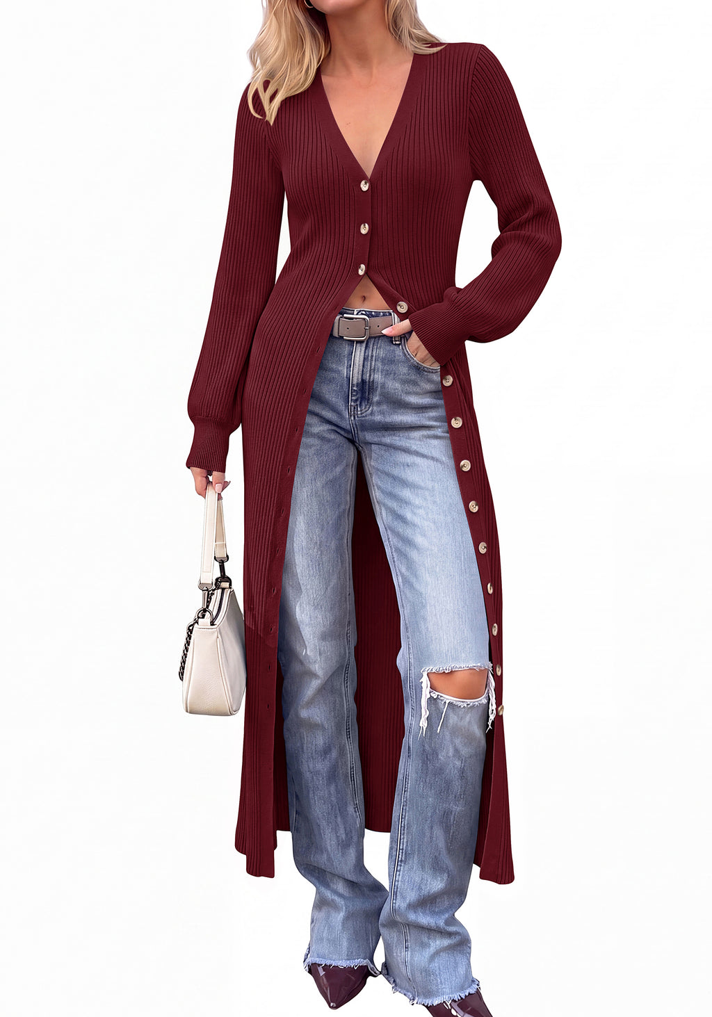 BTFBM Button Up Long Cardigans for Women Ribbed V Neck Midi Sweater Dress Puff Long Sleeve Cardigan Sweaters, Soft Stretchy Lightweight Duster Cardigans, Knit Winter Dresses, Fall Outfits Trendy